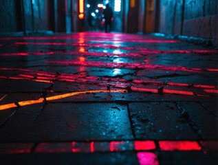 abstract light background bokeh photography of neon reflection after the rain in the street