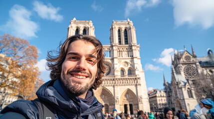 Fototapeta premium a joyful man in front of Historical Landmark, blue skies behind