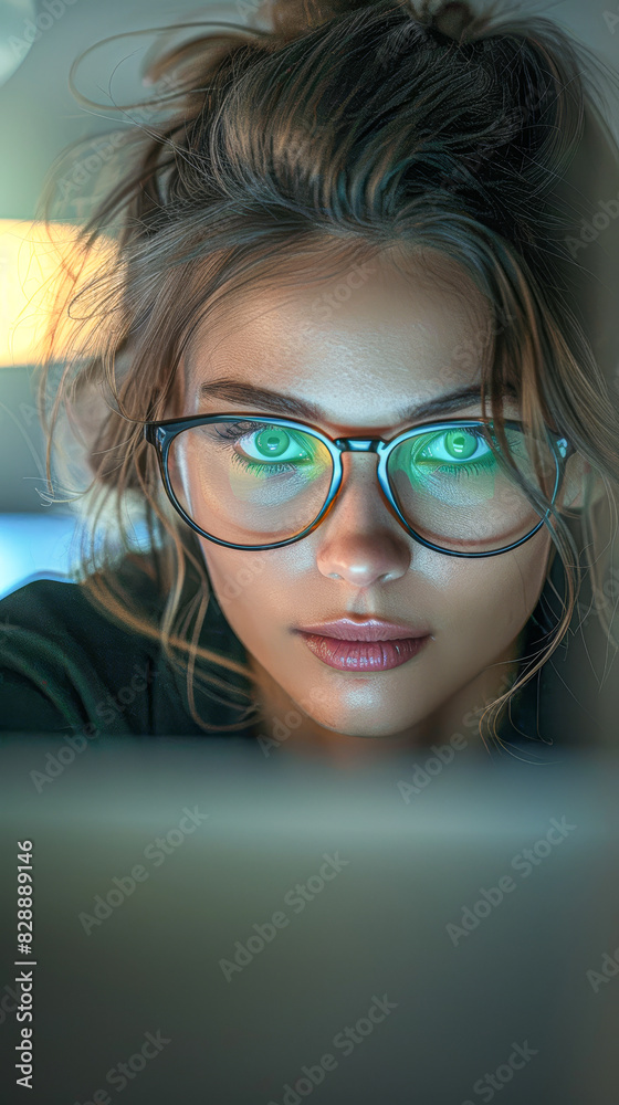 Canvas Prints Determined Businesswoman Working on Laptop with Soft Natural Light, Close-up Shot