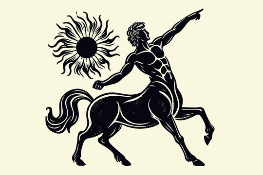 Ancient Greek mythical centaur and sun. Vintage retro engraving illustration. Black icon, logo, label. isolated element.