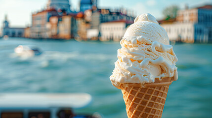 close-up of a delectable ice cream cone, with Vpicturesque town in the distance.
