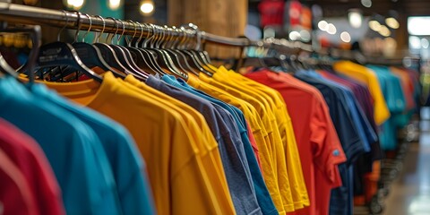 Fototapeta premium Colorful shirts neatly hung on display racks in a clothing store. Concept Colorful Shirts, Display Racks, Clothing Store, Neat, Shopping