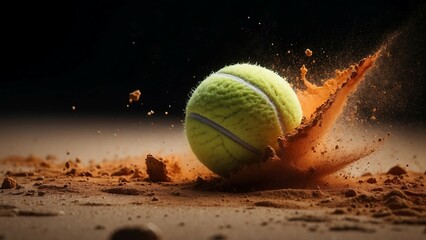 Tennis Ball hitting Clay Court with dark blur defocused background. Sports motivation concept