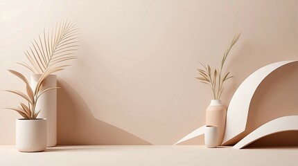 3D beige room, pastel beige colors, cosmetics product display