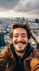 a laughing man taking a selfie, close-up angle focusing on his joyful expression with the picturesque town behind him