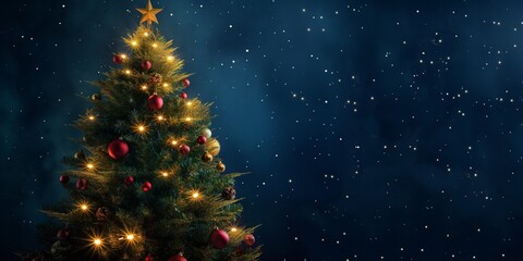 A beautifully decorated Christmas tree stands with twinkling lights against a magical blue snowy backdrop signifying the holiday season