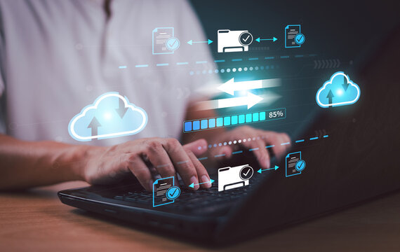 Cloud backup data download management, Exchange file copy, DMS loading. Data transfer technology concept. FTP(File Transfer Protocol) files recovery computer backup. Transfer document of data folder.