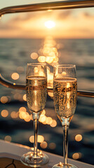 Romantic Sunset Toast on Boat Couple Celebrating Perfect Day with Champagne Glasses by the Sea