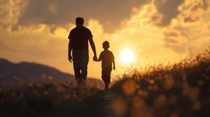 Silhouette of father holding his child's hand walking into the sunset. Fatherhood, parenting concept