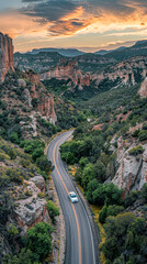 Journey Through Nature's Palette White Car on Highway Amidst Rocky Cliffs and Dusk Sky