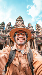 Capturing Joy Cheerful Tourist Selfie at Historical Monument