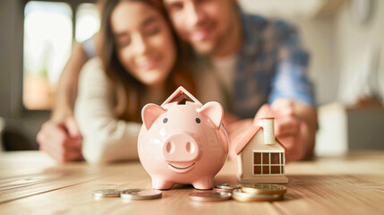 Planning Their Dream Home Together - Loving couple assessing budget with miniature house and piggy bank, symbolizing financial goals