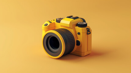 A Retro Camera Nostalgia - Step back in time with this 3D illustration of a yellow vintage photo camera on a yellow background. Capture the essence of classic photography