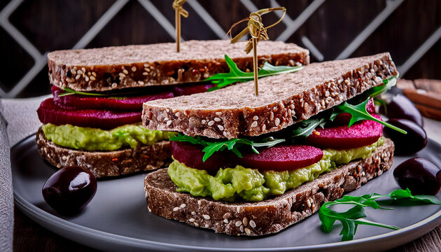 DELICIOSO SANDUICHE NATURAL RECHEADO COM VEGETAIS EM UM CONCEITO DE ALIMENTA&Ccedil;&Atilde;O SAUD&Aacute;VEL E ESTILO DE VIDA VEGANO