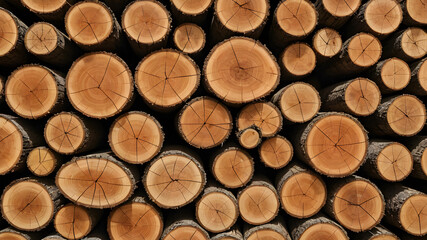 Photo of a pile of natural wooden logs. Stacks of lumber. Stack of hardwood logs. Deforestation, forest destruction.
