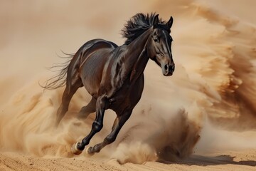 Majestic black horse galloping through desert terrain, raising dust clouds in high quality image