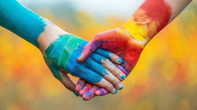 A close-up of intertwined hands painted in rainbow colors, symbolizing solidarity and support within the LGBT community. The simple, blurred background keeps the focus on the powerful message of