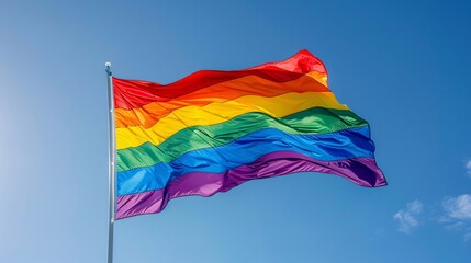 A vibrant rainbow flag waves proudly in the wind against a clear blue sky, symbolizing LGBT pride and solidarity. The bright colors of the flag stand out vividly, capturing the essence of inclusivity