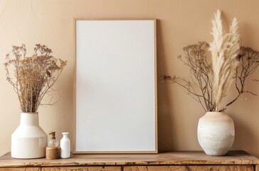 Fototapeta premium Blank Vertical Rectangle Mockup in Brown Cabinet Interior