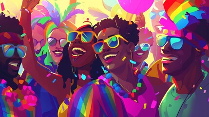 A diverse group of people, each wearing colorful rainbow accessories, gather together in a joyful parade. The scene is filled with smiling faces and lively energy, showcasing the spirit of unity and