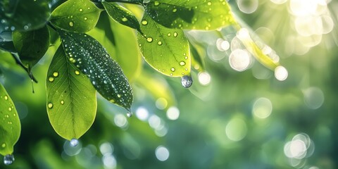 Close-up of fresh green leaves with dew drops on them, sparkling under sunlit bokeh background