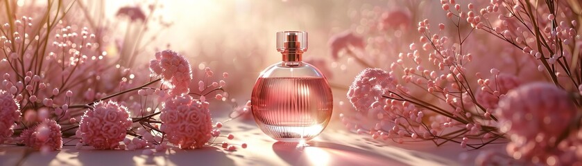 Elegant perfume bottle in a dreamy pink floral setting, capturing the essence of luxury and beauty. Perfect for fragrance and beauty themes.