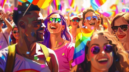 A diverse group of people, each wearing colorful rainbow accessories, gather together in a joyful parade. The scene is filled with smiling faces and lively energy, showcasing the spirit of unity and