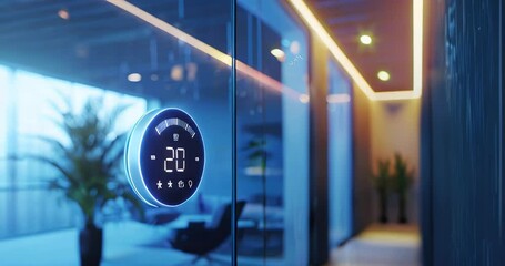 Image of an advanced thermostat within corporate premises, showcasing energy-smart temperature control, reducing energy waste and greenhouse effect. Corporate carbon reduction