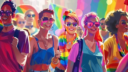 A group of diverse individuals proudly march in a pride parade, each adorned with rainbow-colored clothing and accessories. Their joyful expressions and the colorful backdrop create a lively and