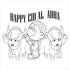 outline a muslim child and two buffalo wish eid al-adha