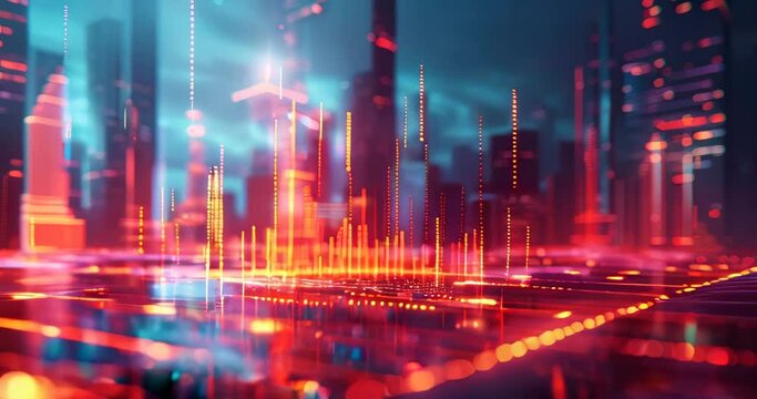 Dropping carbon emissions represented by a 3D graph, set against corporate buildings of the future. Corporate carbon reduction