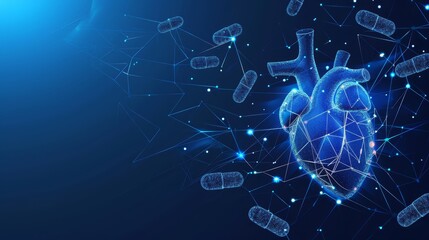 Human heart medical structure and capsule pills medications. Blood supply system. Hypertension, stroke, heart attack, arrhythmia. Heart symbolizing its vitality and importance in the human anatomy.