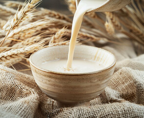 Close shot of pouring condensed milk over bowl on table