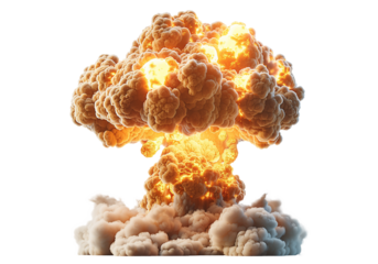 A detailed image of an atomic explosion mushroom cloud, isolated on a transparent background, depicting the immense power and destructive force.