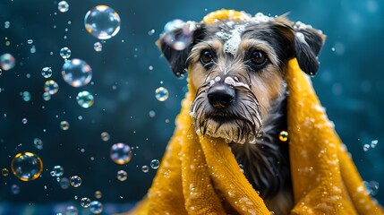 Cute dog wrapped in a yellow towel with bubbles around. Adorable wet pet. Animal portrait in soft light. Great for pet-themed stock photos and advertising. AI