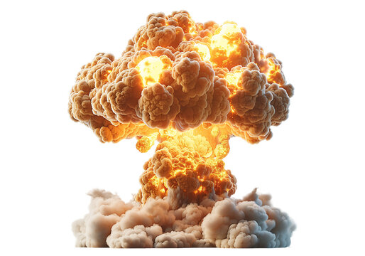 A detailed image of an atomic explosion mushroom cloud, isolated on a transparent background, depicting the immense power and destructive force.