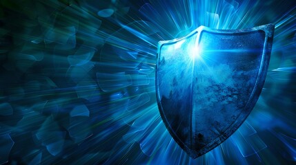 Glowing blue shield on a dynamic abstract background. Cybersecurity concept visualization. Perfect for technology and security themes. AI