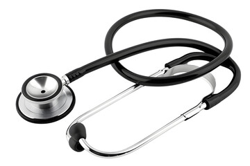 A black and silver stethoscope lies on a white background. The stethoscope is a medical tool used to listen to the heart, lungs