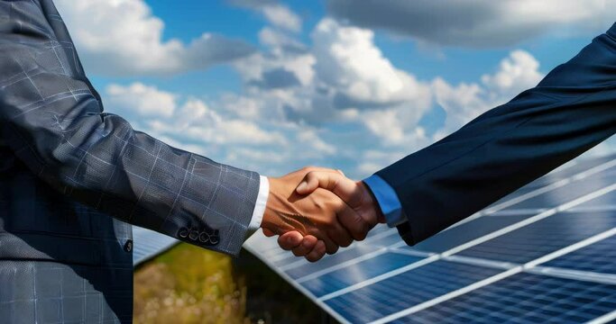 Before a solar panel unit, company delegates join hands, representing partnerships nurtured for sustainability causes. Corporate carbon reduction