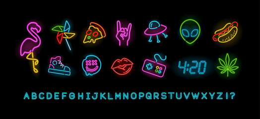 Fashion neon sign and icons set on black background.  Neon icons set of Pink Flamingo, UFO, gamepad, pizza, alien, hot dog. Neon night sign, glowing banner, logo for club or bar. Editable vector © VRTX