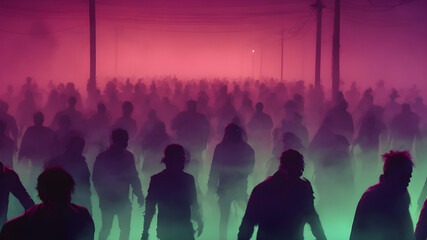 Fototapeta premium zombie crowd walking at night, halloween concept. AI generated image, ai.