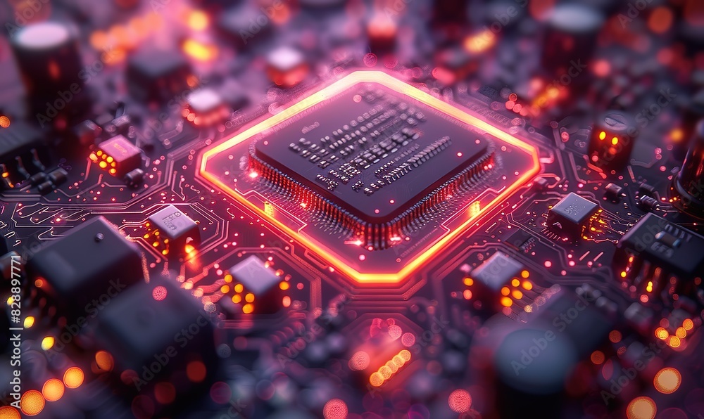 Wall mural illustration of a high-tech processor chip with a glowing orange line effect next to it