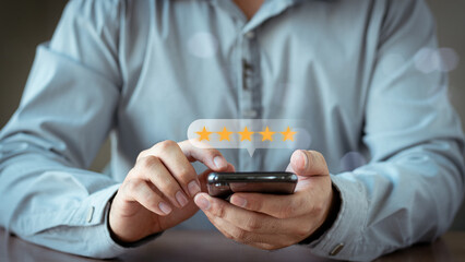 Customer review satisfaction feedback survey concept, User give rating to service experience on online application, Customer services best excellent business rating experience. 