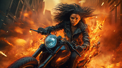 Action shot with black woman on the bike riding away from fire and explosion. Dynamic scene in action movie blockbuster style.