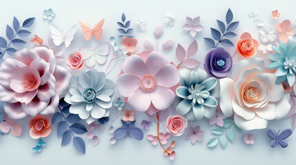 A Paper cut style pastel color flowers on white background, high resolution photography, hyper realistic.
