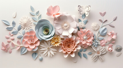 A 3d render, abstract cut paper flowers isolated on white, botanical background, festive floral arrangement. Rose, daisy, dahlia, butterfly and leaves in pastel color palette. Simple modern wall decor