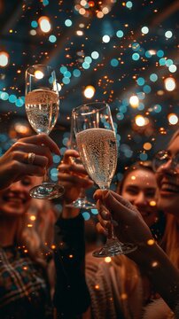 Cheerful group of friends celebrating a new years party by raising wine glasses in a toast
