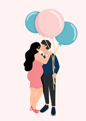 Pregnant woman and her husband holding gender reveal balloons