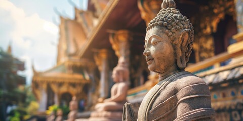 A Buddha statue in focus with intricate details, situated against a temple backdrop with warm tones