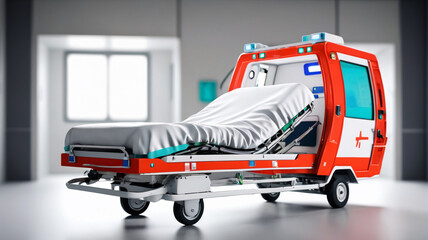 A medical ambulance with an empty bed inside, suitable for healthcare and emergency services concepts. Generative AI.
